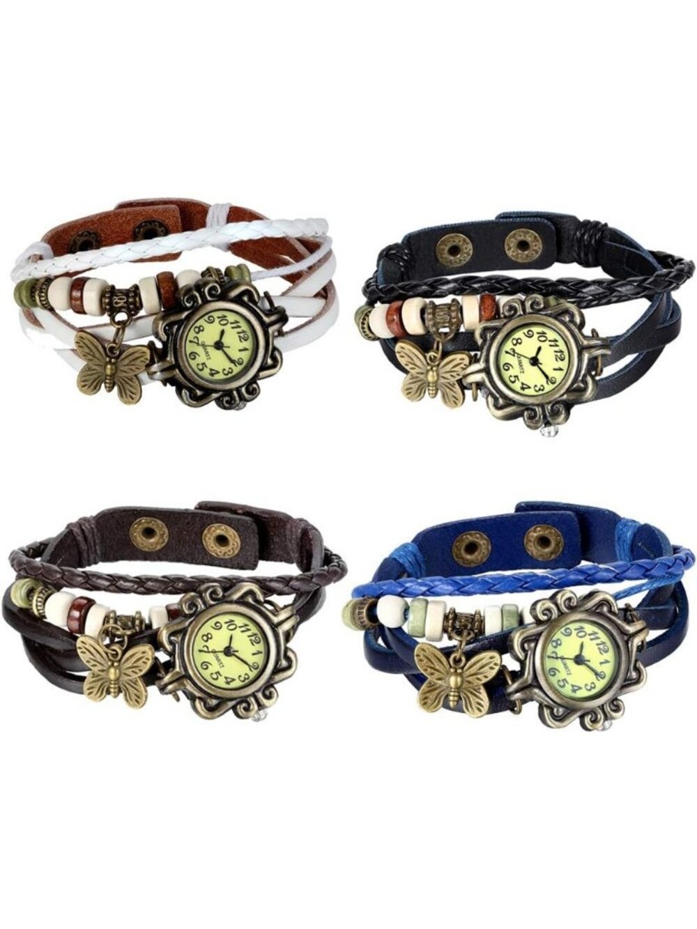 Women's 4Pieces Butterfly Vintage Classic Weave Wrap Around Quartz Wristwatch